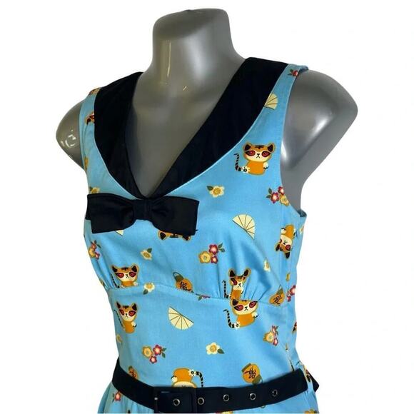 Voodoo Vixen Rockabilly 50s Swing Dress Blue Cat Print Retro Pinup Flair Size S - Picture 5 of 13